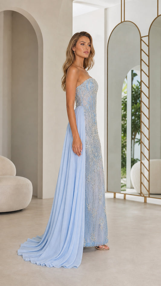 Side profile view of light blue formal dress