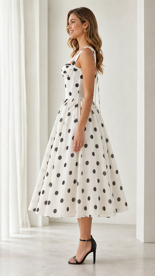 Side profile view of white polka dot midi dress