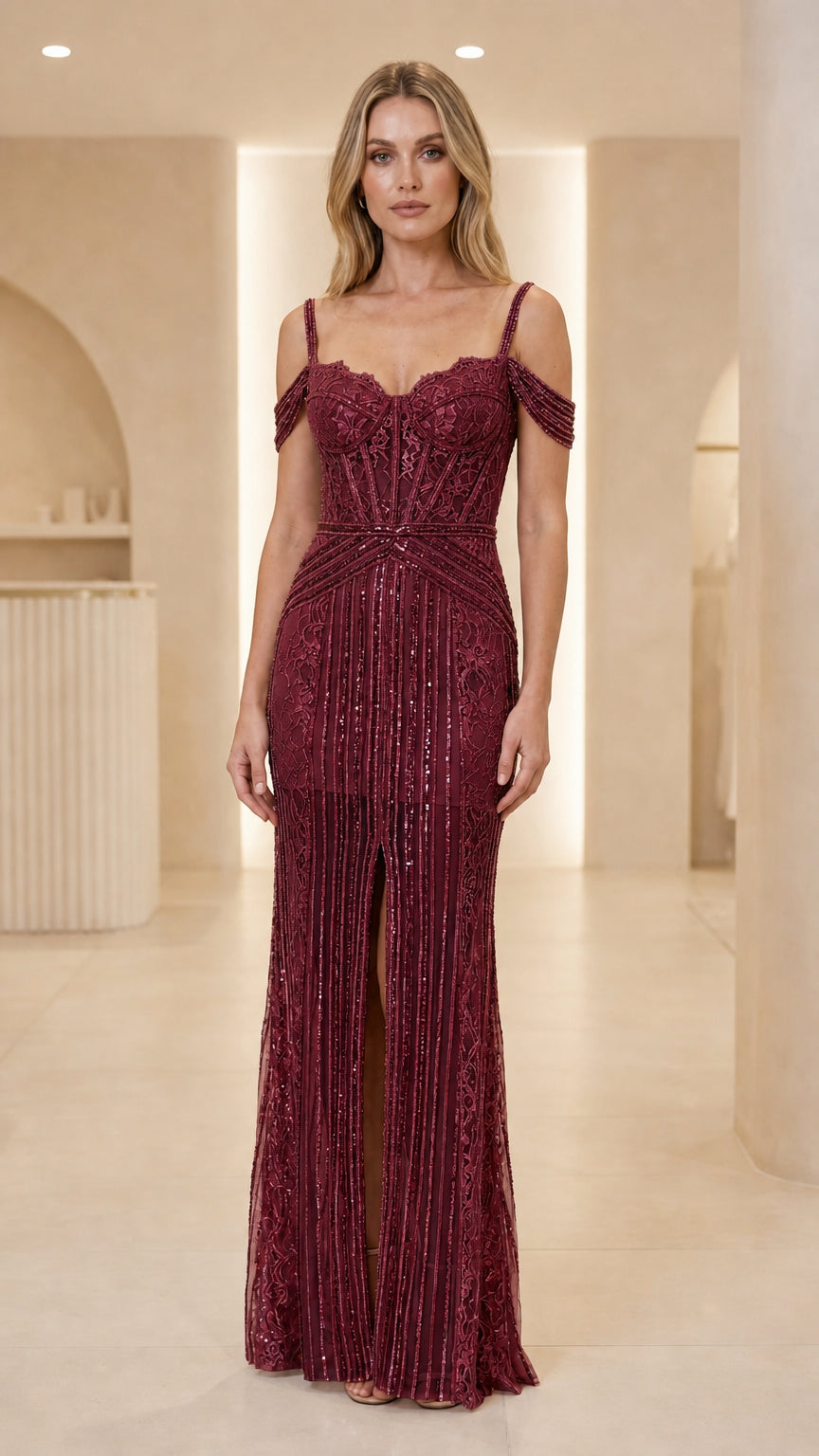 Front view of burgundy evening gown variant