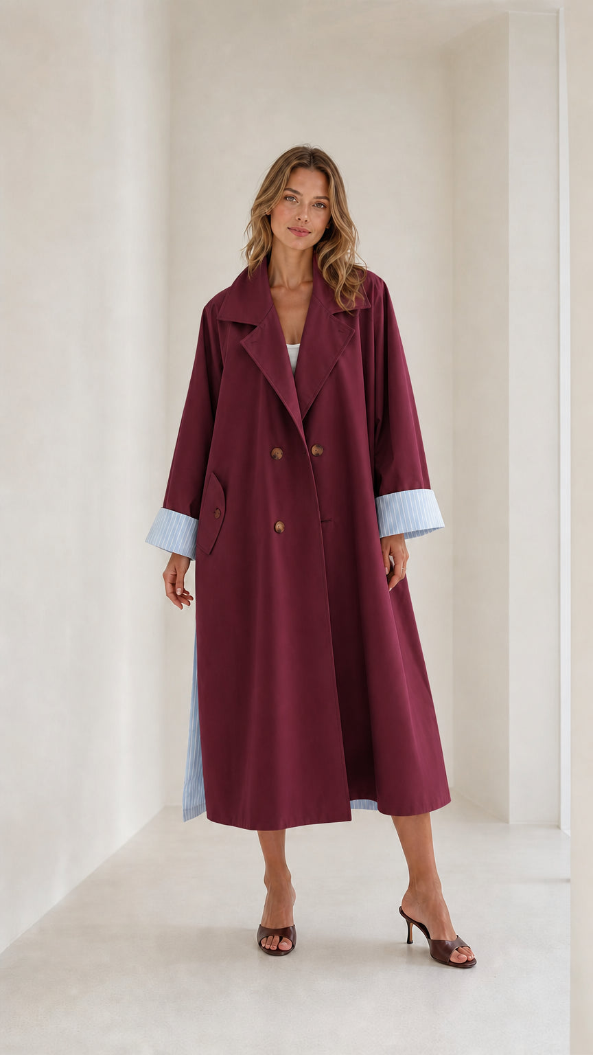 Front view of Burgundy trench coat with striped cuffs