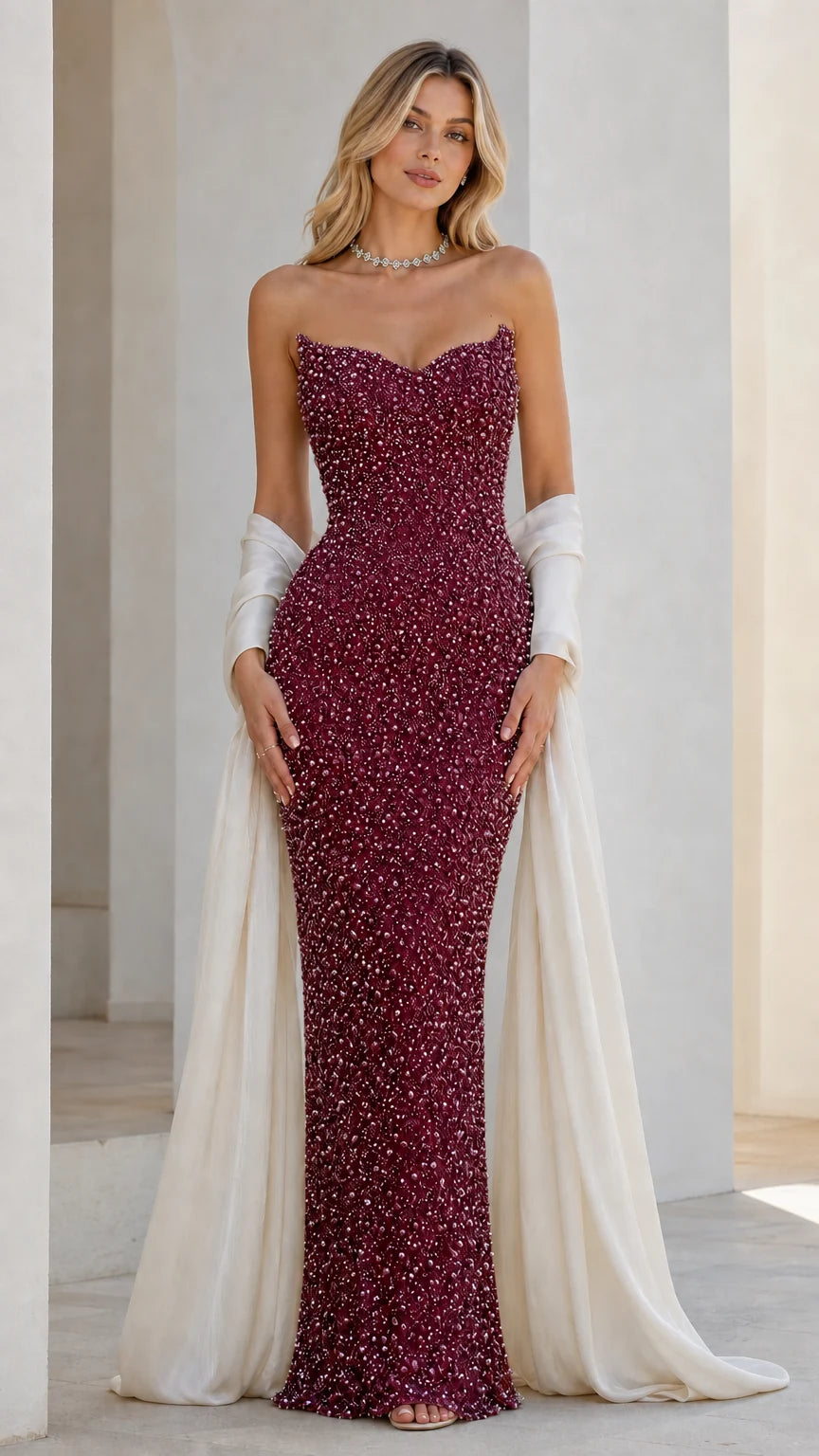 Front view of burgundy beaded strapless evening dress with draped wrap