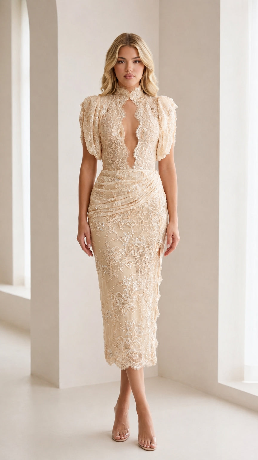 Model wearing champagne lace midi dress variant