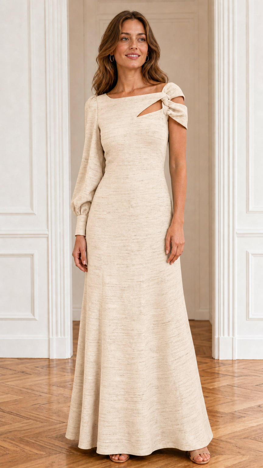 Front view of model wearing champagne neutral evening dress