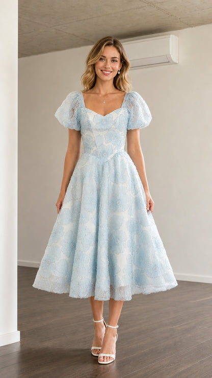 Front view of light blue puff sleeve midi dress