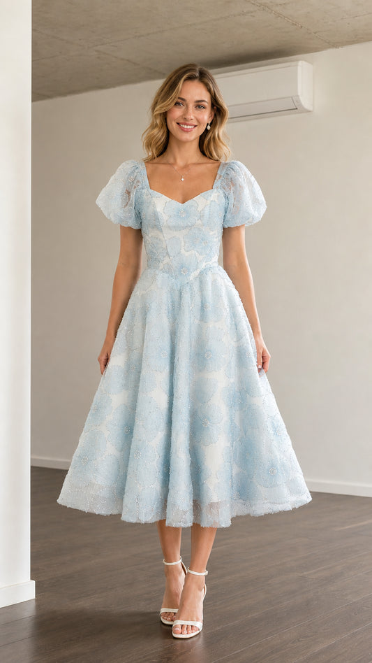 Front view of light blue puff sleeve midi dress
