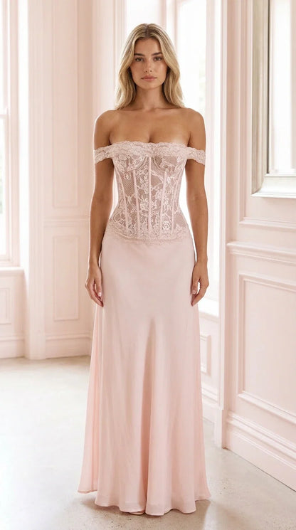 Front view of pink off-shoulder lace corset evening dress