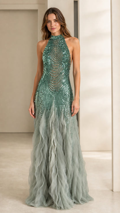 Front view of green sequin halter evening dress with ruffle hem