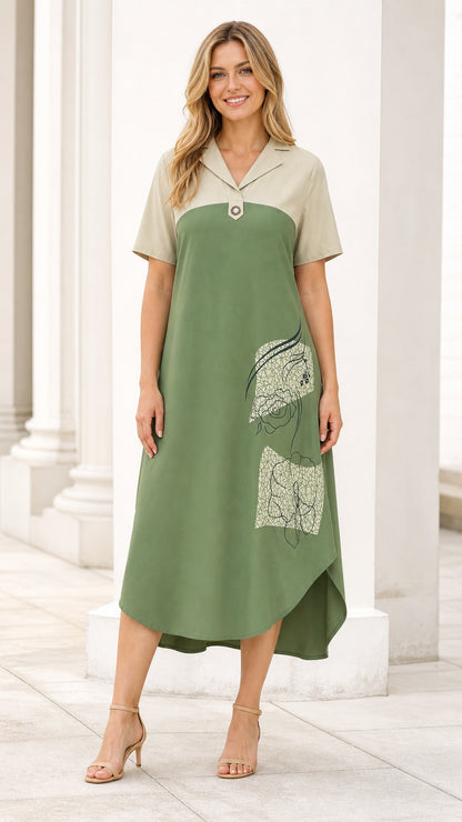 Green colorblock midi dress front view
