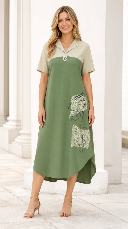 Green colorblock midi dress front view