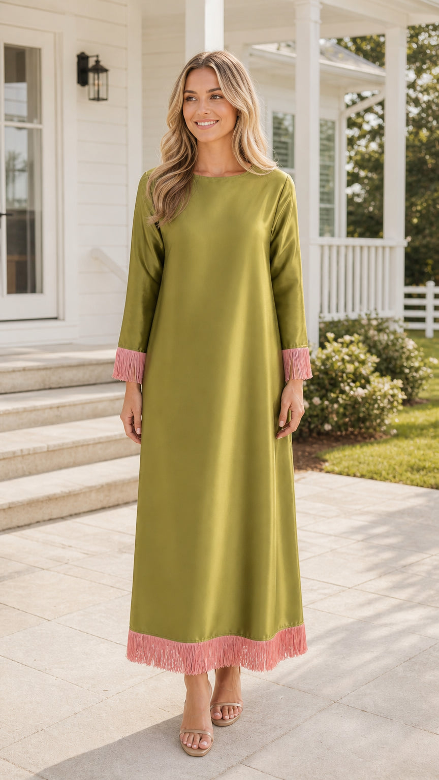Front view of olive green long-sleeve maxi dress with fringe trim