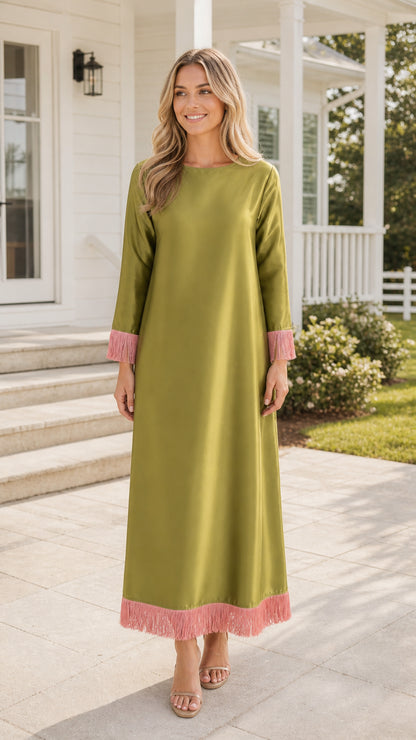 Front view of olive green long-sleeve maxi dress with fringe trim