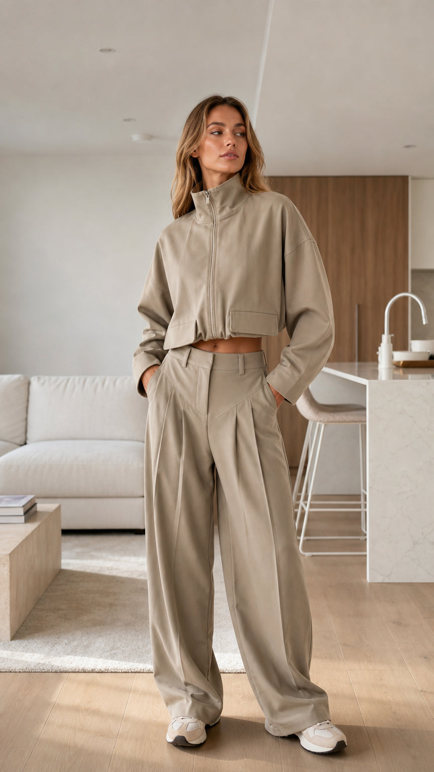 Front view of khaki zip crop jacket and pleated wide-leg pants set