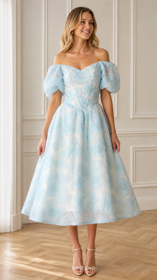 Front view of light blue off-the-shoulder floral applique midi dress