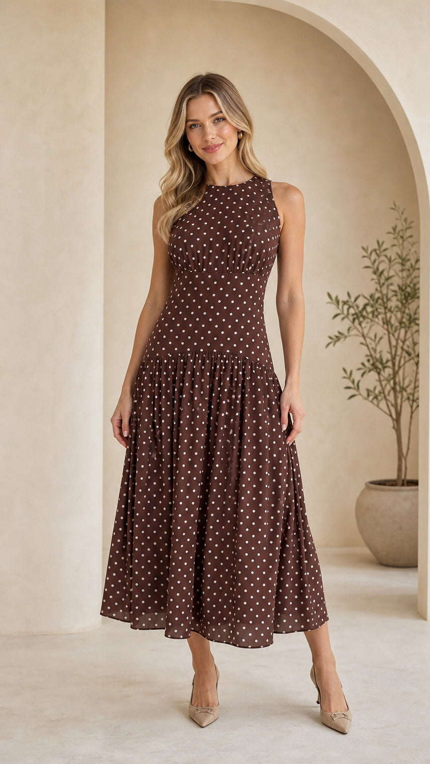 Front view of model wearing brown polka dot midi dress