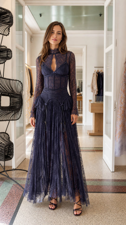 Front view of model wearing Navy lace maxi dress