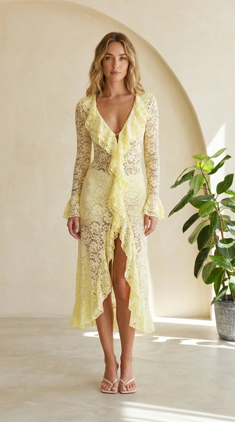 Front view of Yellow lace midi dress with ruffles