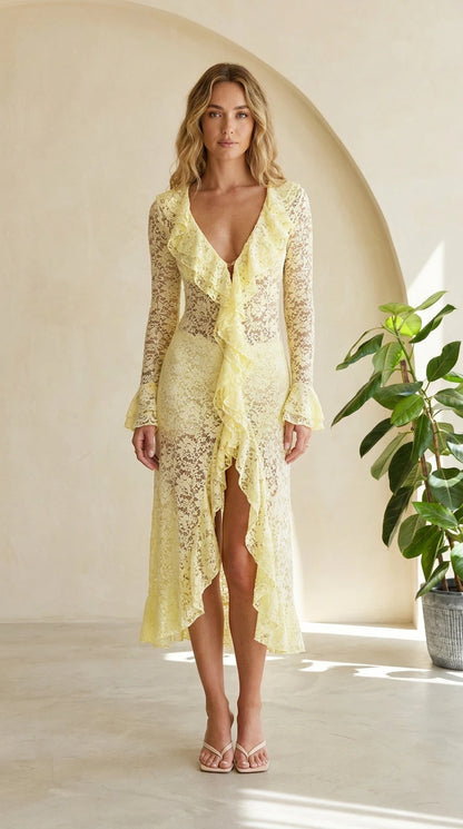 Front view of Yellow lace midi dress with ruffles