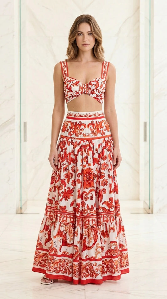Front view of woman wearing red and white baroque print two-piece set