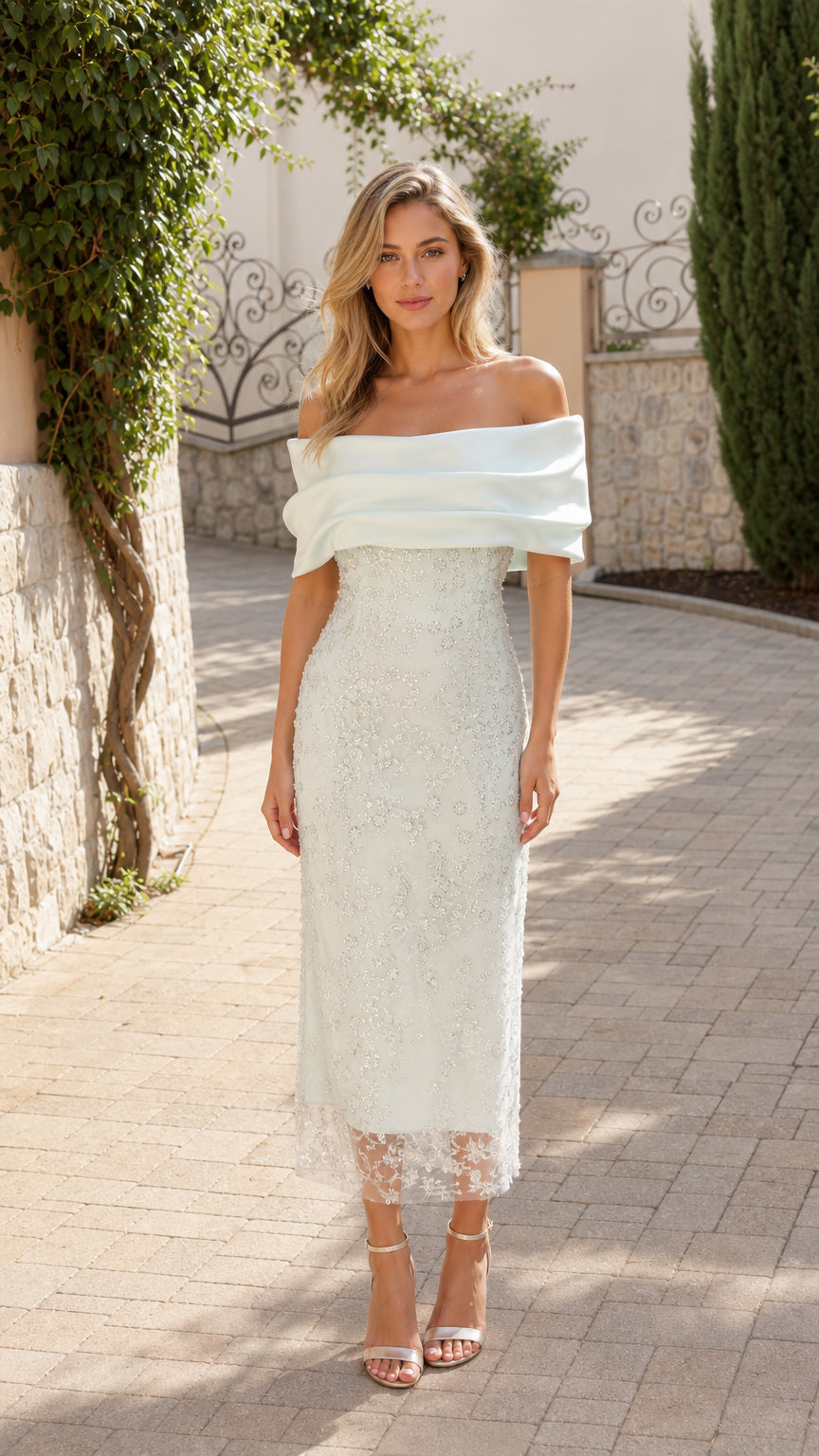 Front view of mint off-the-shoulder midi dress