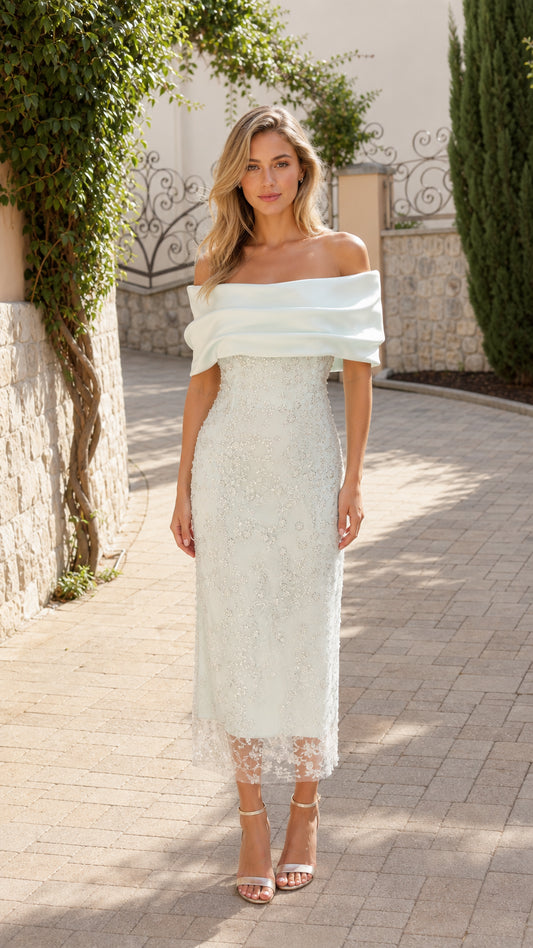 Front view of mint off-the-shoulder midi dress