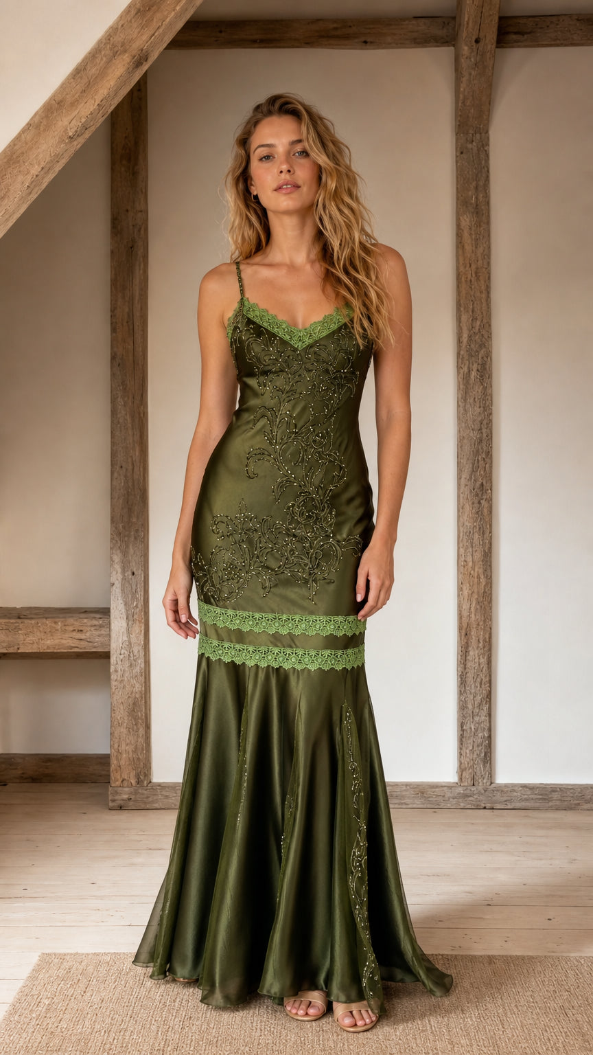 Front view of model wearing olive satin embroidered mermaid slip dress