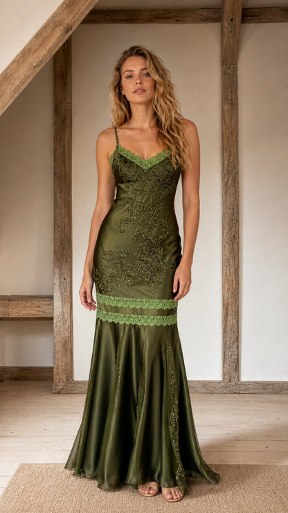 Front view of model wearing olive satin embroidered mermaid slip dress