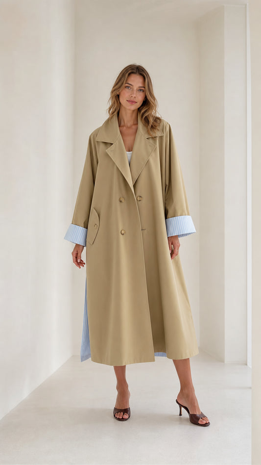 Front view of Khaki trench coat with striped cuffs