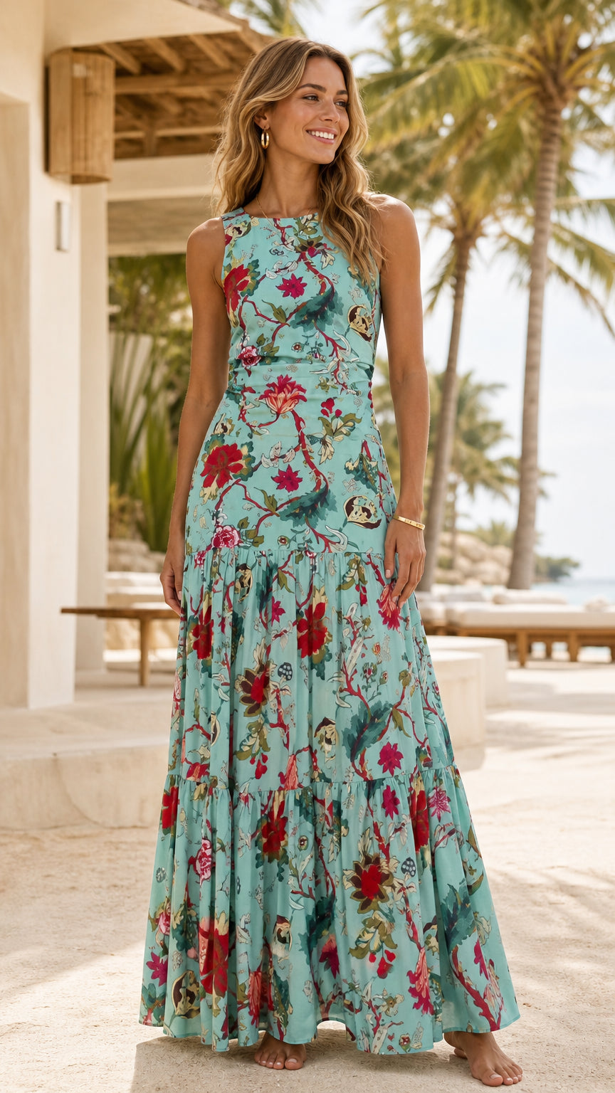Front view of turquoise floral tiered maxi dress