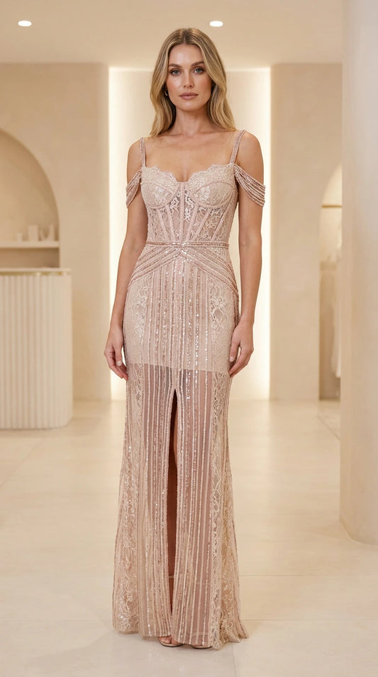 Front view of champagne beaded corset long evening dress