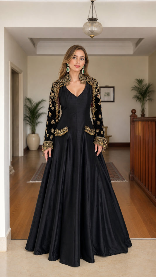 Front view of black embroidered velvet accent long sleeve maxi dress