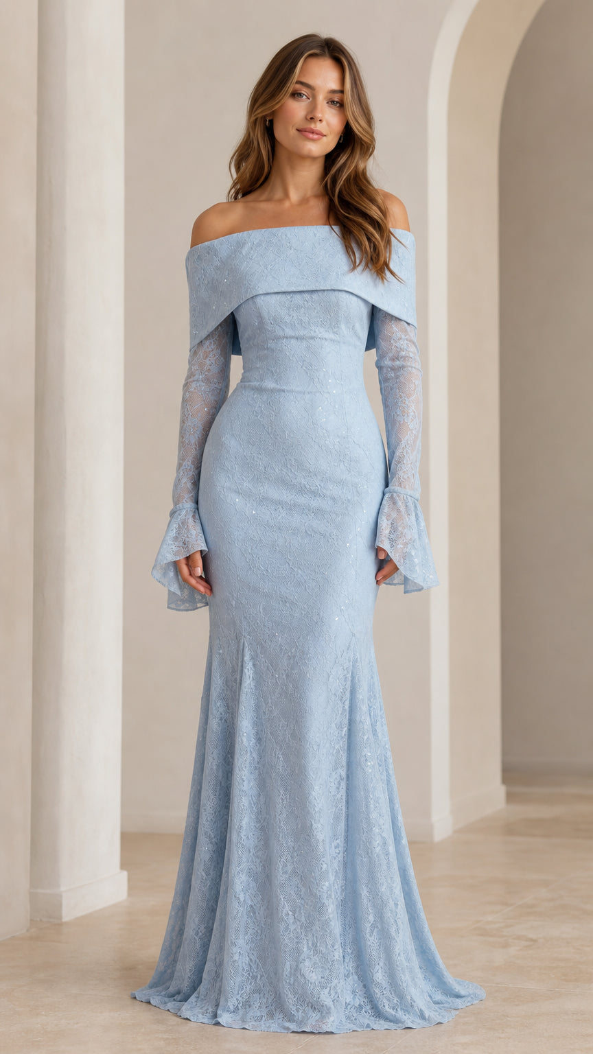Front view of light blue off-shoulder lace maxi dress