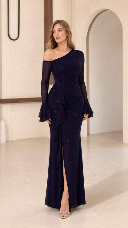 Model wearing navy one-shoulder evening gown with slit, front view