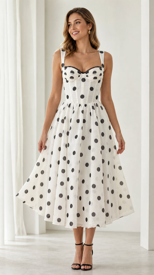 Front view of white polka dot midi dress with sweetheart neckline