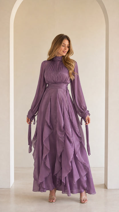 Ethereal Long-Sleeve Ruffle Maxi Dress in Lavender front view