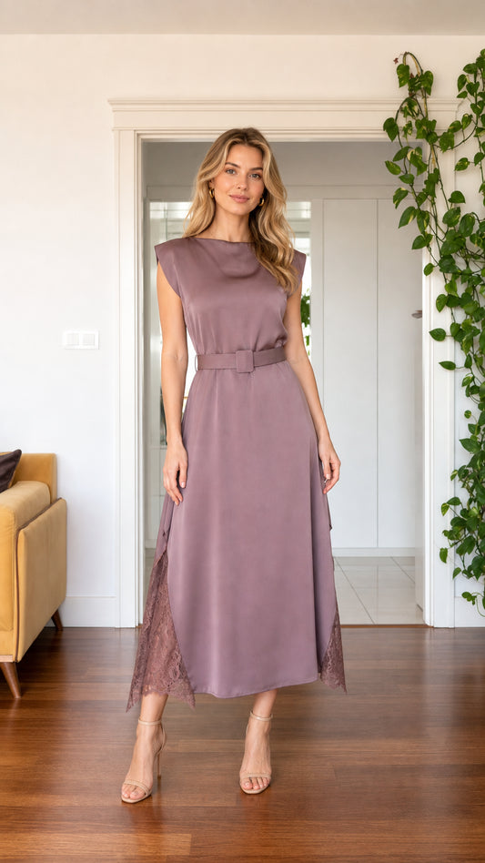 Front view of a mauve women's lace-trim belted midi dress with cap sleeves