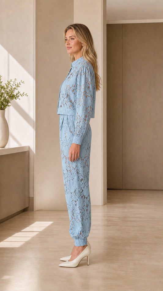 Side profile view of light blue lace matching set