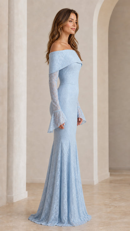 Side profile view of light blue lace evening gown
