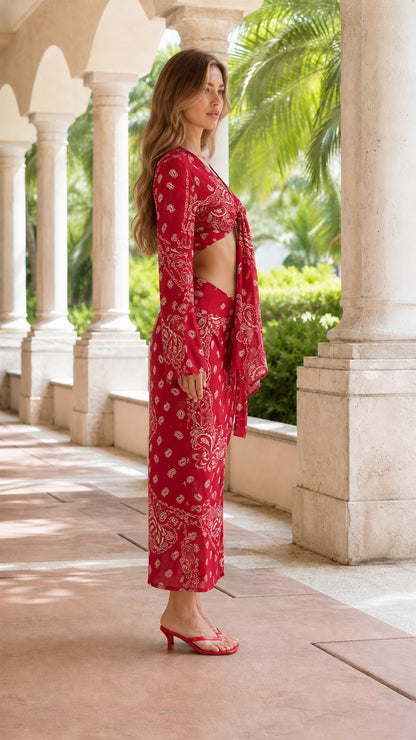 Side profile of woman in red paisley two-piece set