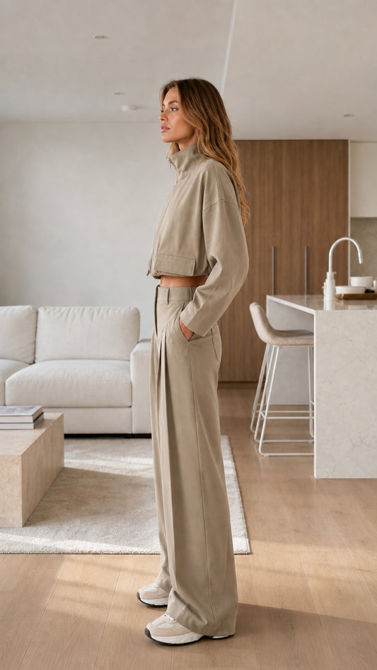 Side profile of woman wearing khaki matching set