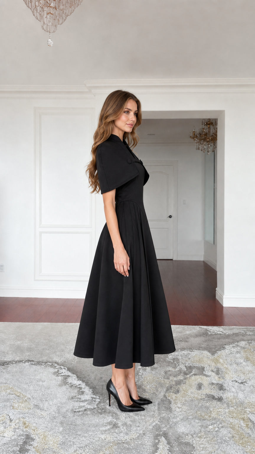 Side profile view of black cape midi dress