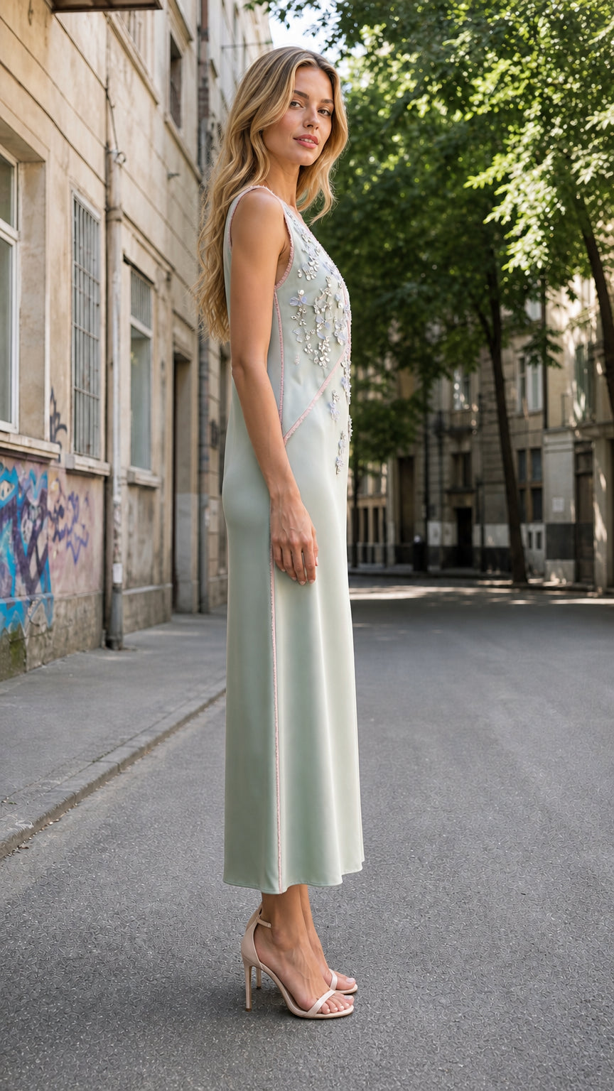 Side profile of model wearing sage green slip dress outdoors