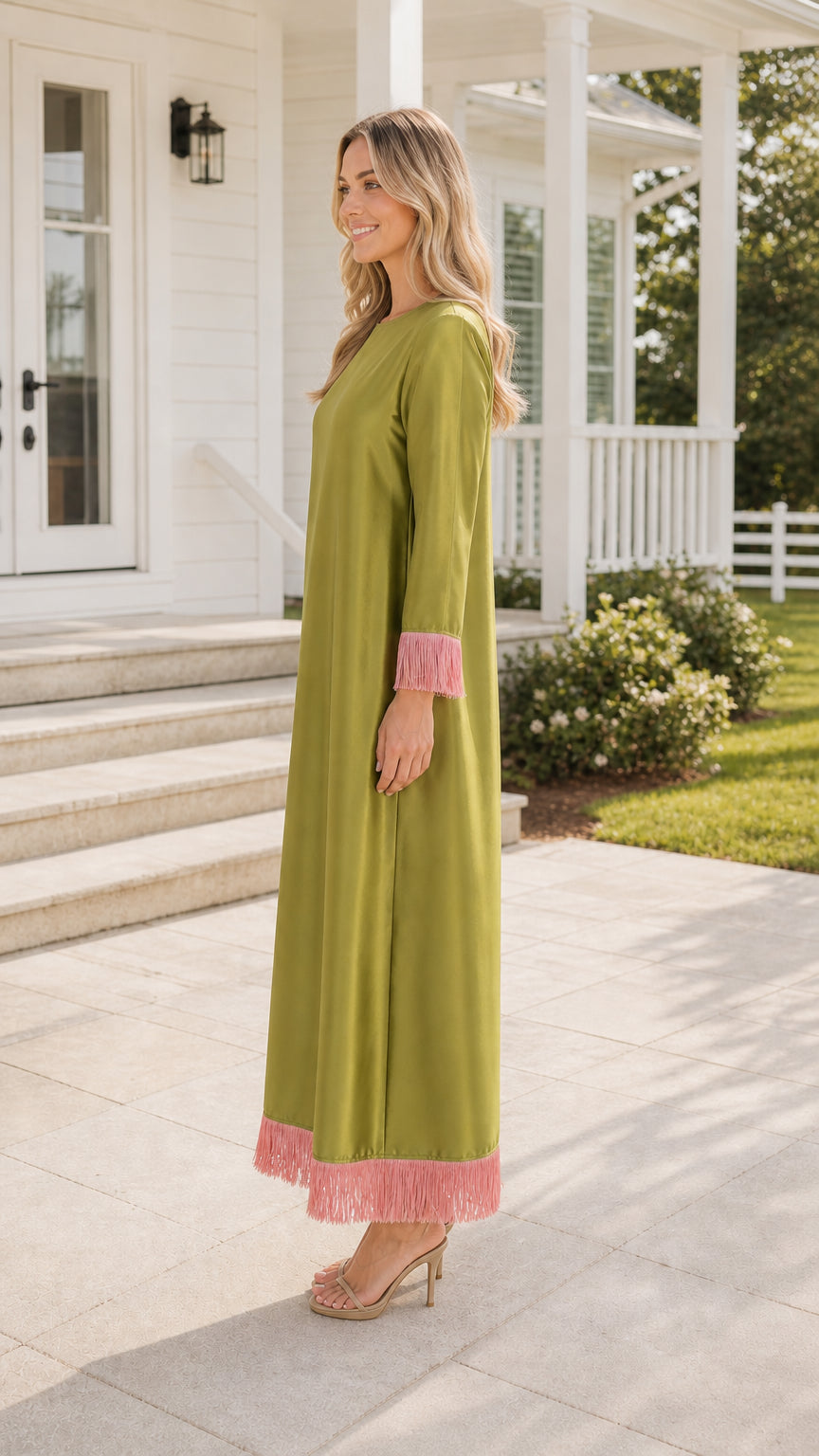 Side profile view of olive green maxi dress