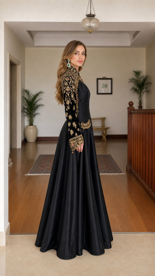 Side profile view of black evening gown