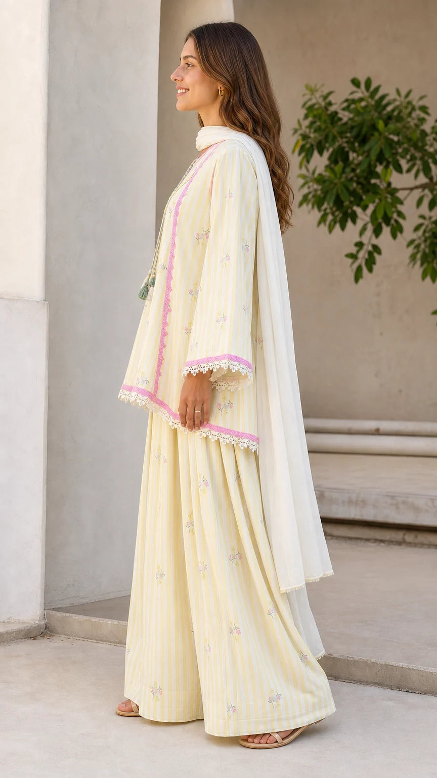 Side profile of woman wearing yellow ethnic sharara set