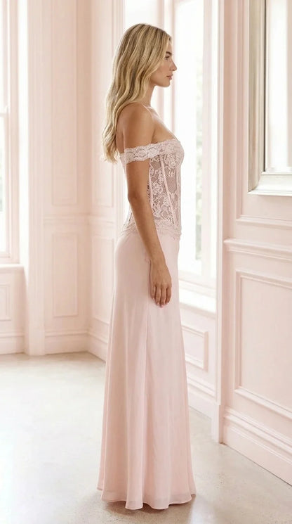 Side profile of pink off-shoulder lace corset evening dress