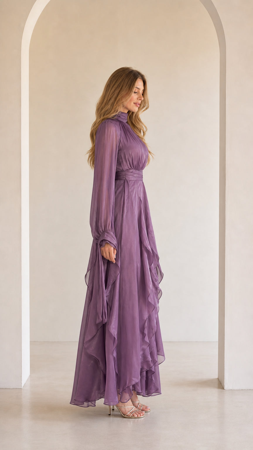 Ethereal Long-Sleeve Ruffle Maxi Dress in Lavender side profile