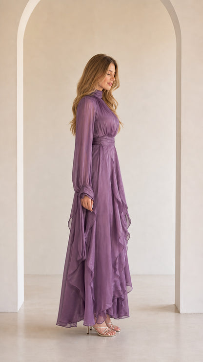Ethereal Long-Sleeve Ruffle Maxi Dress in Lavender side profile