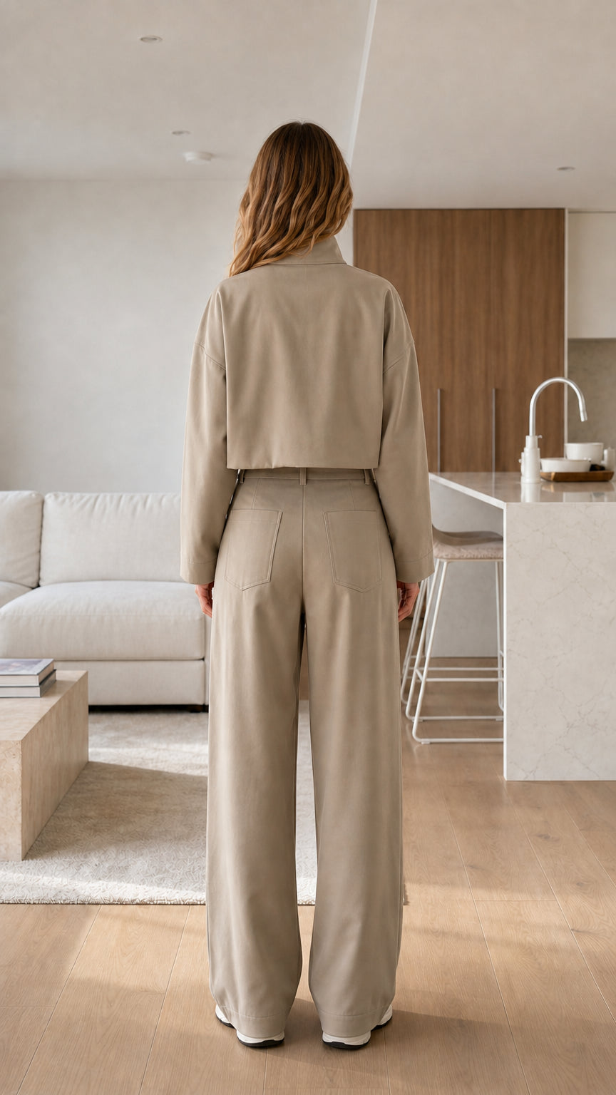 Back view of khaki wide-leg pants and crop jacket
