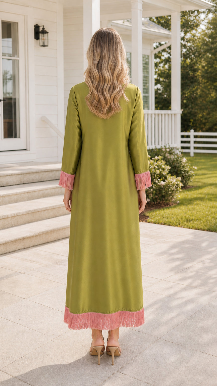 Back view of olive green maxi dress with fringe