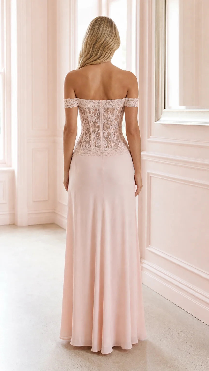 Back view of pink off-shoulder lace corset evening dress